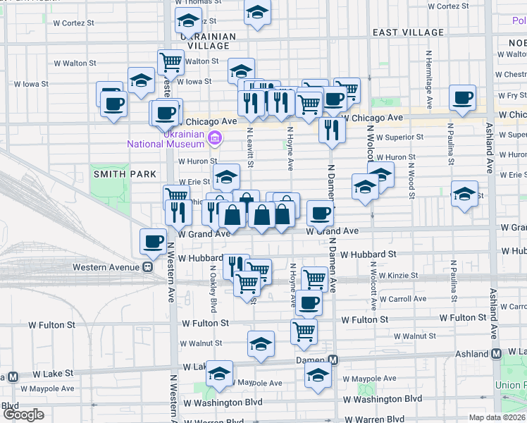 map of restaurants, bars, coffee shops, grocery stores, and more near 2141 West Ohio Street in Chicago