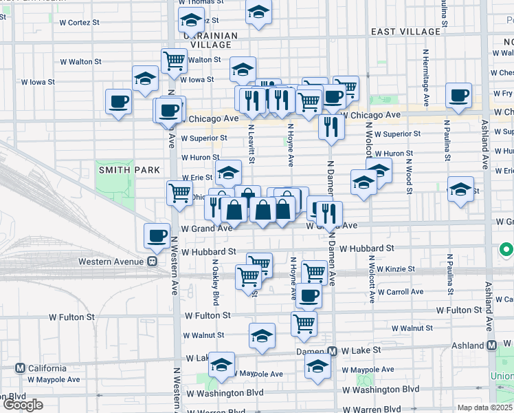 map of restaurants, bars, coffee shops, grocery stores, and more near 2141 West Ohio Street in Chicago
