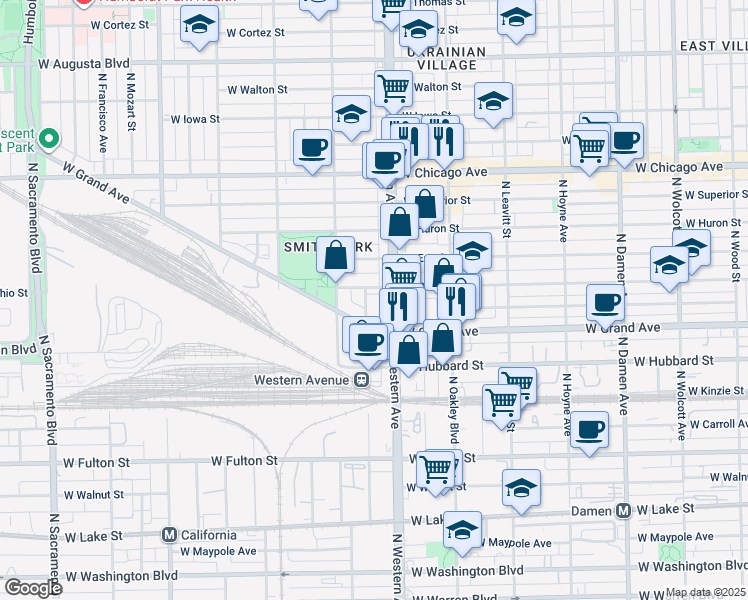 map of restaurants, bars, coffee shops, grocery stores, and more near 542 North Western Avenue in Chicago