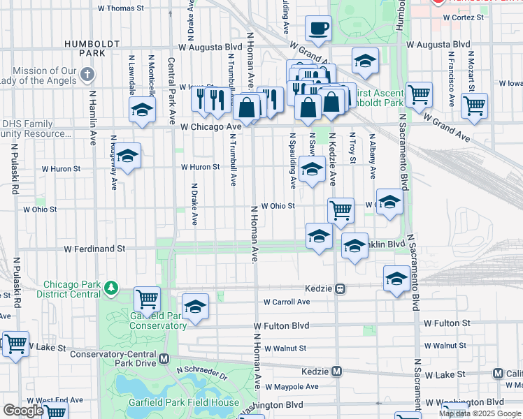 map of restaurants, bars, coffee shops, grocery stores, and more near 601 North Homan Avenue in Chicago