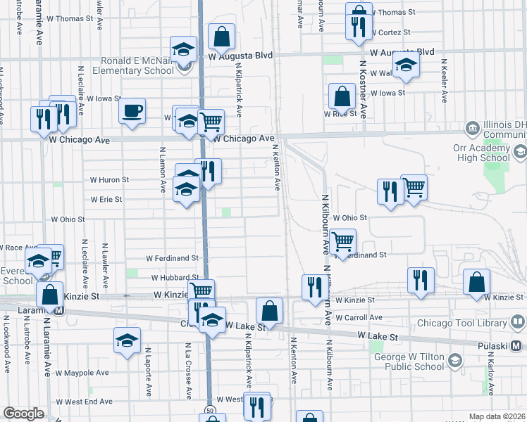 map of restaurants, bars, coffee shops, grocery stores, and more near 4637 West Erie Street in Chicago