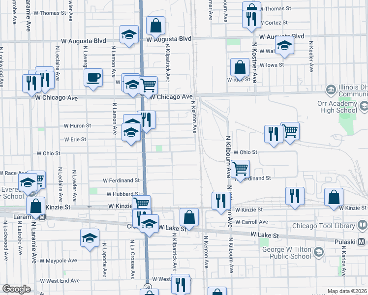 map of restaurants, bars, coffee shops, grocery stores, and more near 4637 West Erie Street in Chicago
