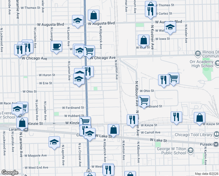 map of restaurants, bars, coffee shops, grocery stores, and more near 4637 West Erie Street in Chicago