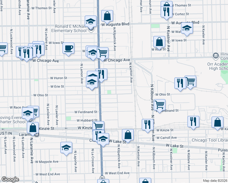 map of restaurants, bars, coffee shops, grocery stores, and more near 4713 West Erie Street in Chicago