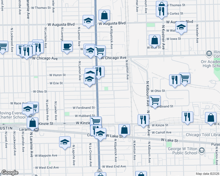 map of restaurants, bars, coffee shops, grocery stores, and more near 4713 West Erie Street in Chicago
