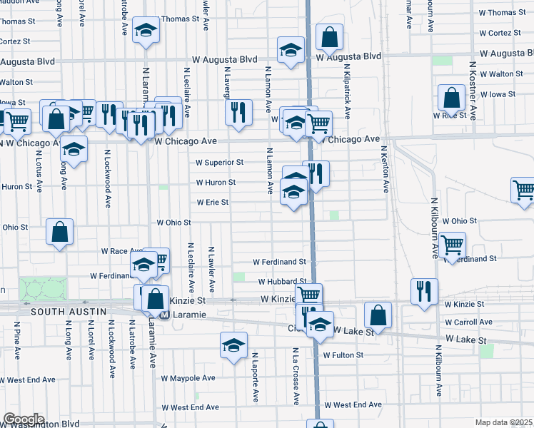 map of restaurants, bars, coffee shops, grocery stores, and more near 4909 West Erie Street in Chicago