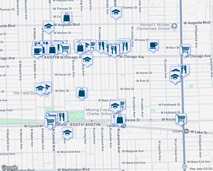 map of restaurants, bars, coffee shops, grocery stores, and more near 627 North Lockwood Avenue in Chicago