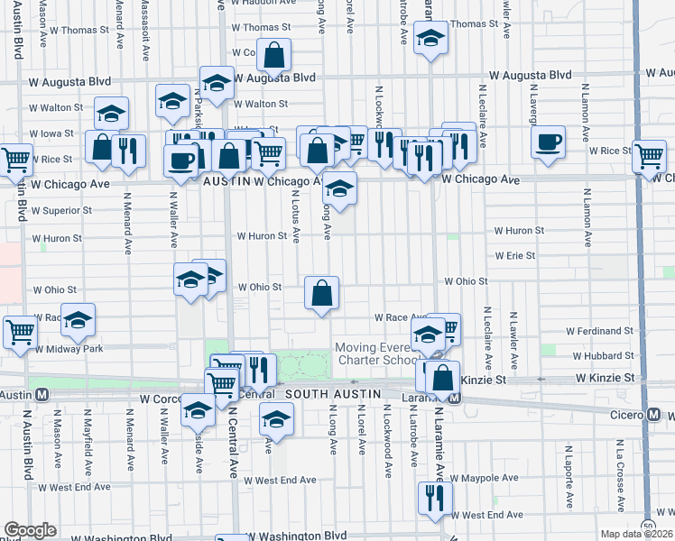 map of restaurants, bars, coffee shops, grocery stores, and more near 629 North Long Avenue in Chicago