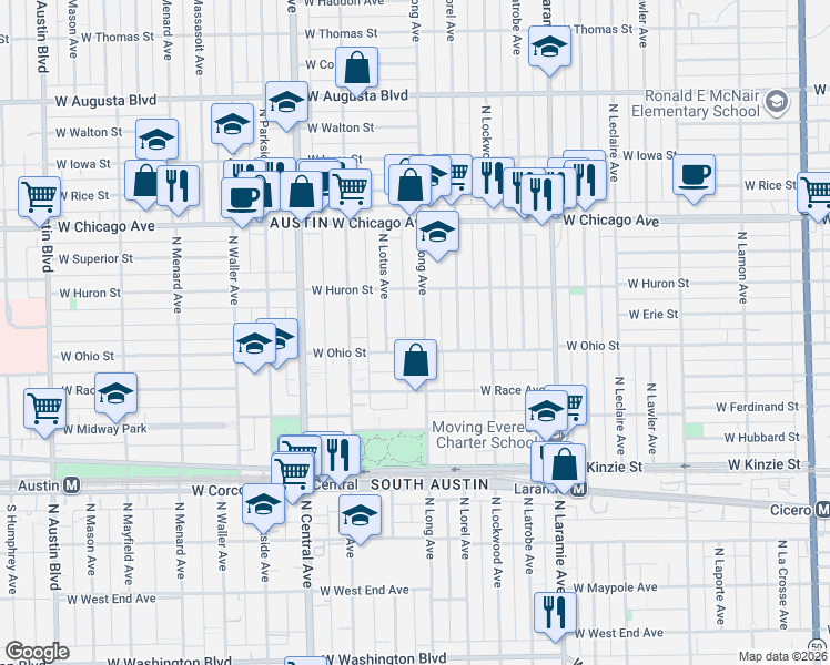 map of restaurants, bars, coffee shops, grocery stores, and more near 629 North Long Avenue in Chicago