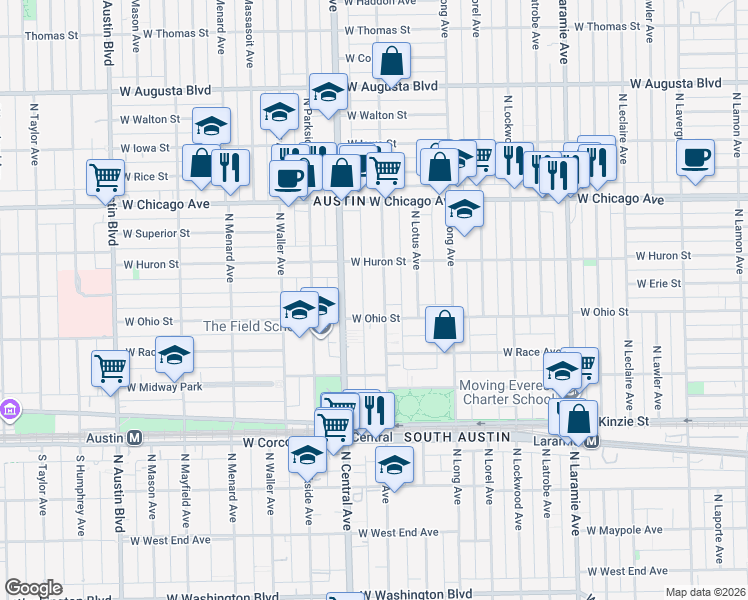 map of restaurants, bars, coffee shops, grocery stores, and more near 632 North Pine Avenue in Chicago