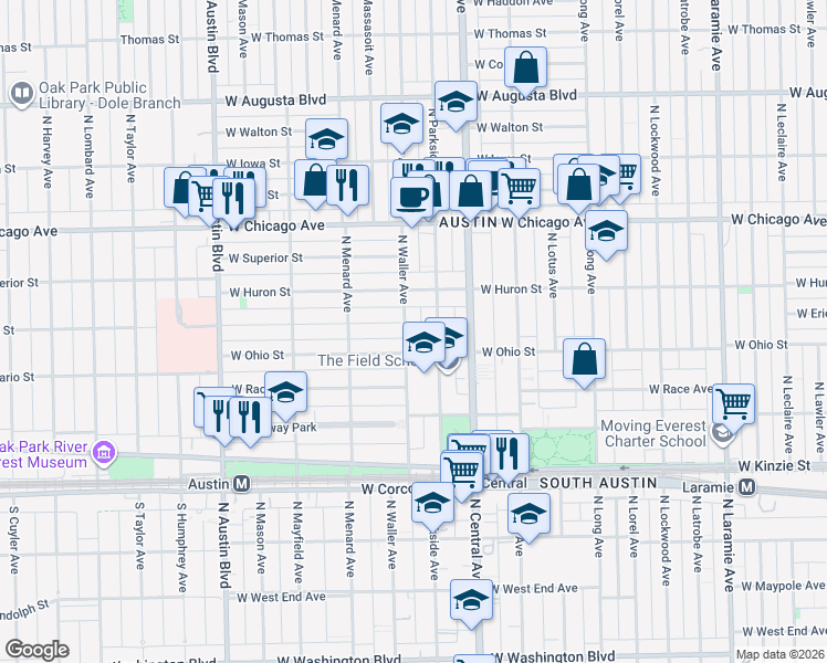 map of restaurants, bars, coffee shops, grocery stores, and more near 5700 West Erie Street in Chicago