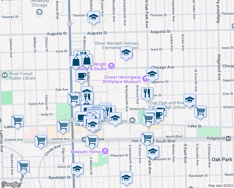 map of restaurants, bars, coffee shops, grocery stores, and more near 2 Elizabeth Court in Oak Park