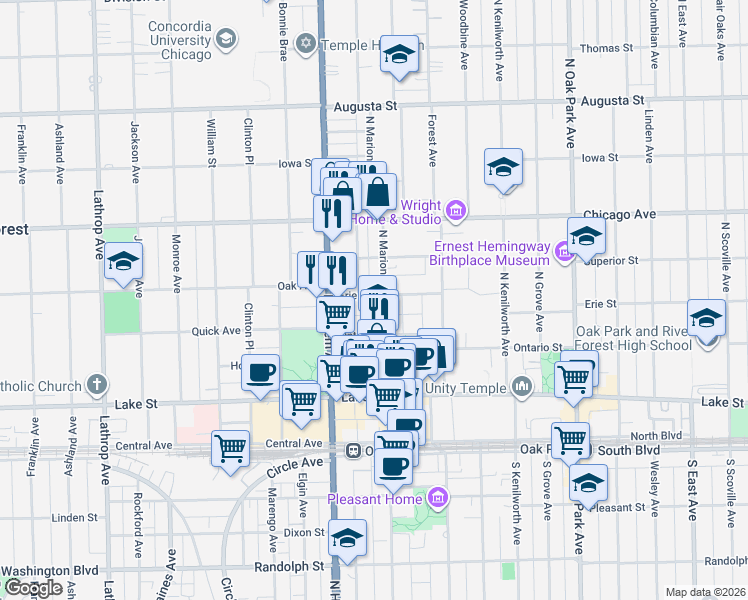 map of restaurants, bars, coffee shops, grocery stores, and more near 1040 Erie Street in Oak Park