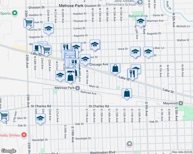 map of restaurants, bars, coffee shops, grocery stores, and more near 1504 West Lake Street in Melrose Park