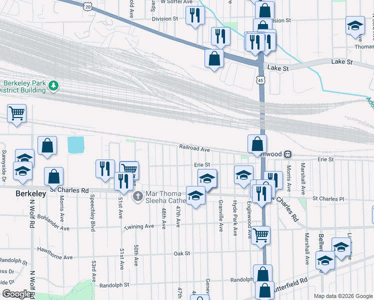 map of restaurants, bars, coffee shops, grocery stores, and more near 2 Railroad Avenue in Bellwood