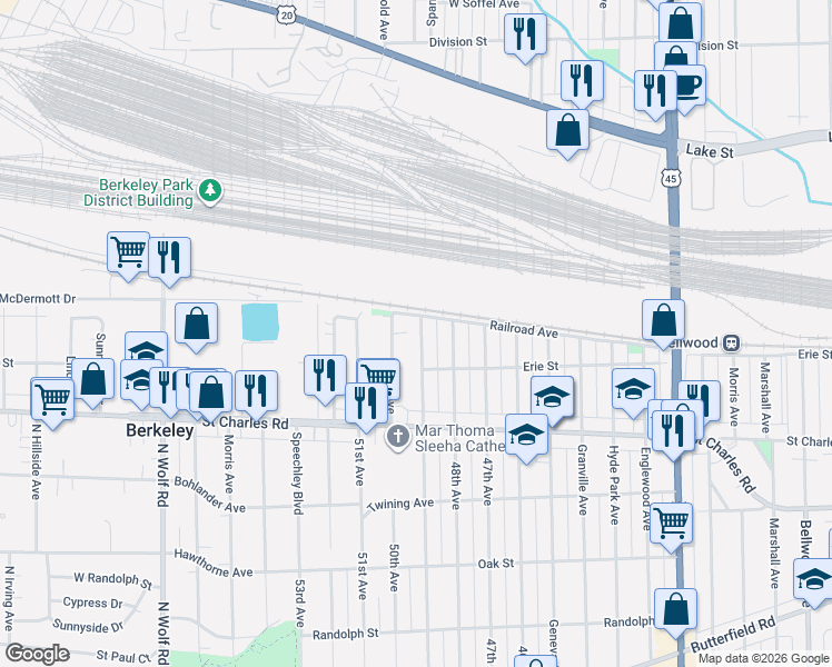 map of restaurants, bars, coffee shops, grocery stores, and more near 17 50th Avenue in Bellwood