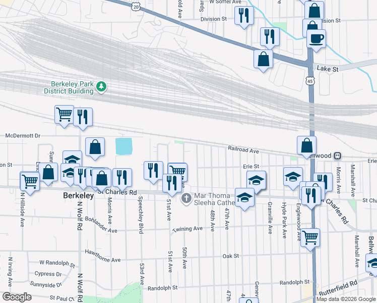 map of restaurants, bars, coffee shops, grocery stores, and more near 17 50th Avenue in Bellwood