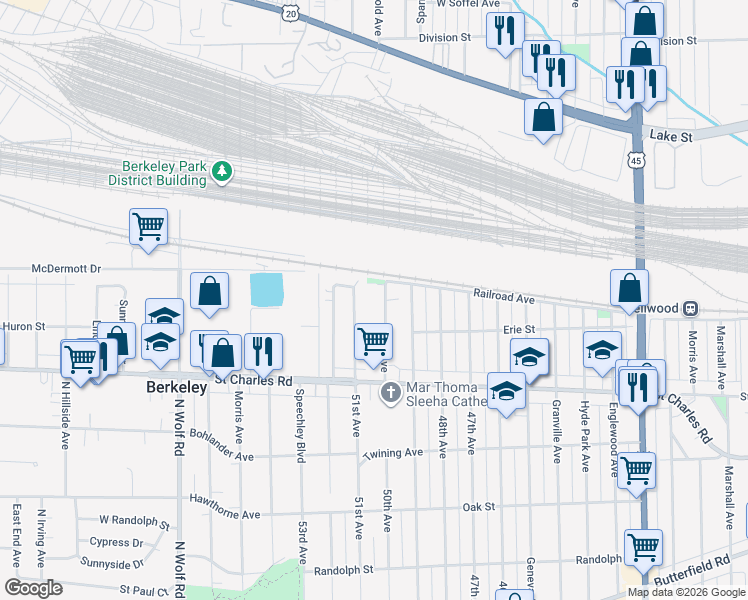 map of restaurants, bars, coffee shops, grocery stores, and more near 15 51st Avenue in Bellwood