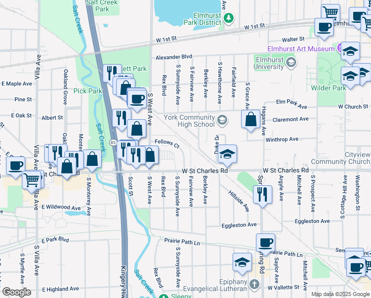 map of restaurants, bars, coffee shops, grocery stores, and more near 155 Fellows Court in Elmhurst