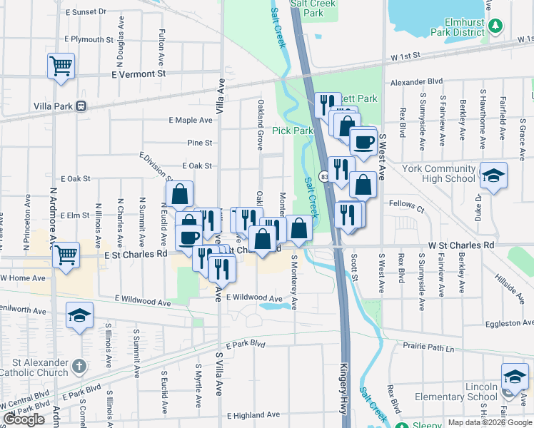 map of restaurants, bars, coffee shops, grocery stores, and more near 254 Monterey Avenue in Elmhurst