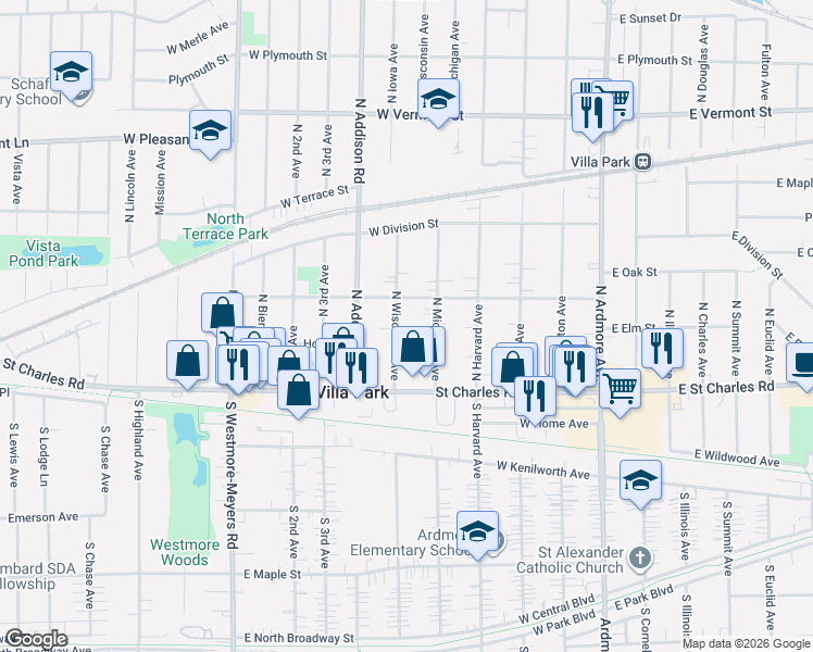 map of restaurants, bars, coffee shops, grocery stores, and more near 111 North Wisconsin Avenue in Villa Park