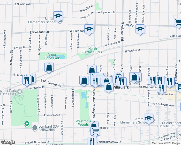 map of restaurants, bars, coffee shops, grocery stores, and more near 124 North Westmore Avenue in Lombard