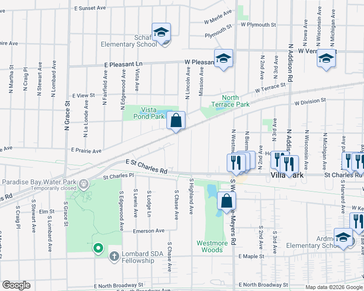 map of restaurants, bars, coffee shops, grocery stores, and more near 126 North Highland Avenue in Lombard