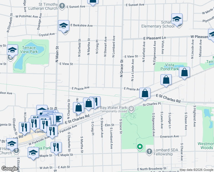 map of restaurants, bars, coffee shops, grocery stores, and more near 214 North Stewart Avenue in Lombard