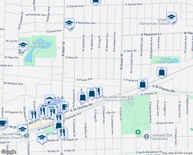 map of restaurants, bars, coffee shops, grocery stores, and more near 208 North Craig Place in Lombard