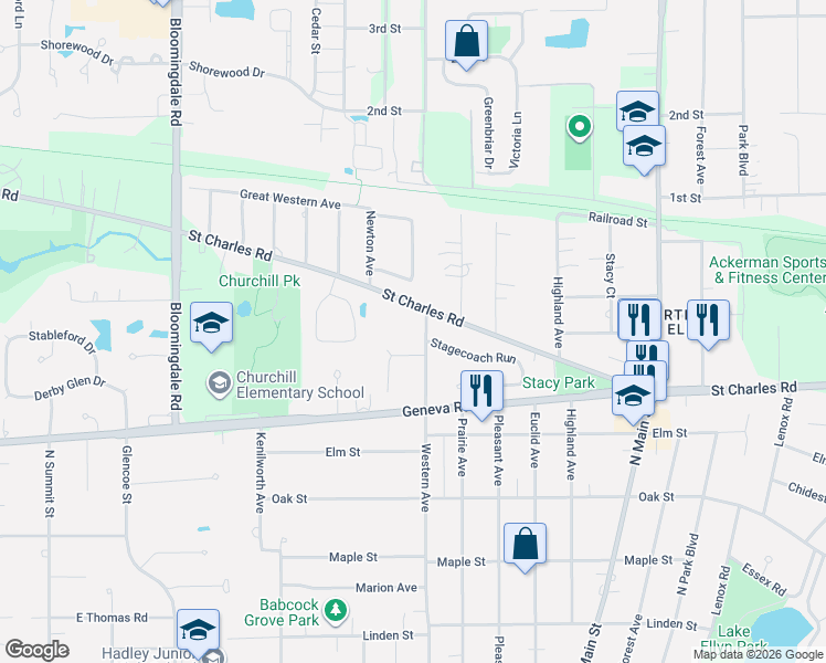 map of restaurants, bars, coffee shops, grocery stores, and more near 870 Western Avenue in Glen Ellyn