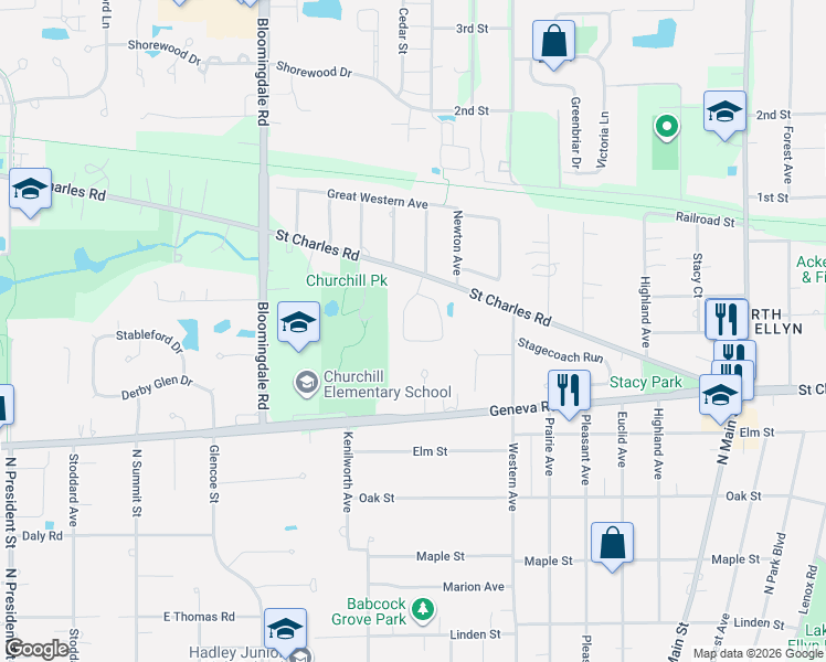 map of restaurants, bars, coffee shops, grocery stores, and more near 826 Saddlewood Drive in Glen Ellyn