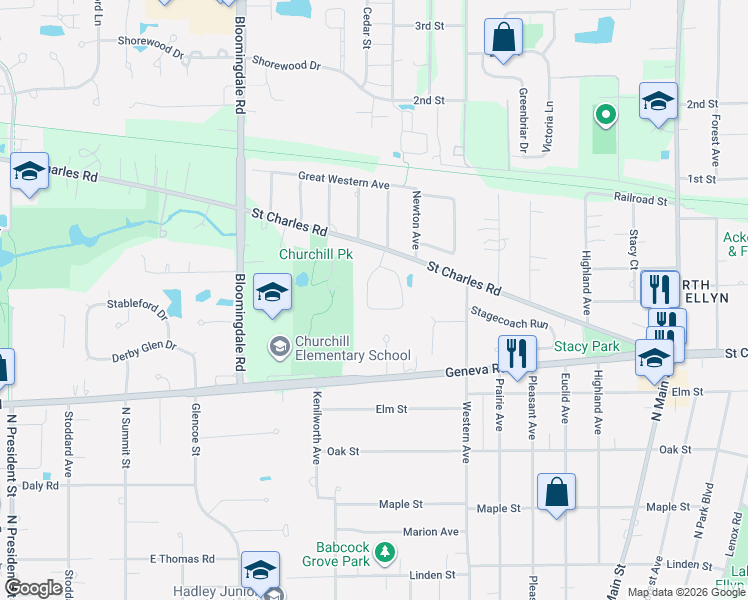 map of restaurants, bars, coffee shops, grocery stores, and more near 826 Saddlewood Drive in Glen Ellyn