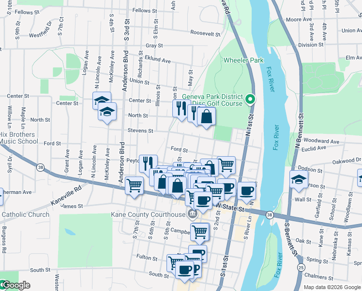 map of restaurants, bars, coffee shops, grocery stores, and more near 317 North 5th Street in Geneva