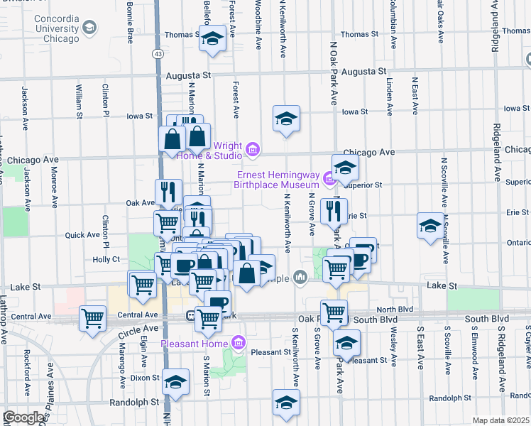 map of restaurants, bars, coffee shops, grocery stores, and more near 6 Elizabeth Court in Oak Park