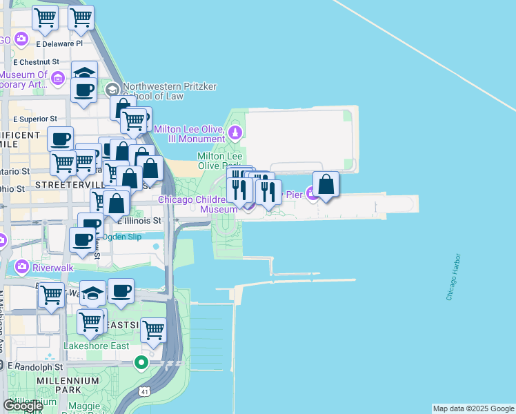 map of restaurants, bars, coffee shops, grocery stores, and more near 600 East Grand Avenue in Chicago