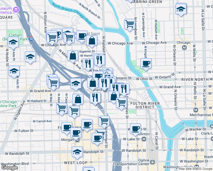 map of restaurants, bars, coffee shops, grocery stores, and more near 520 North Halsted Street in Chicago