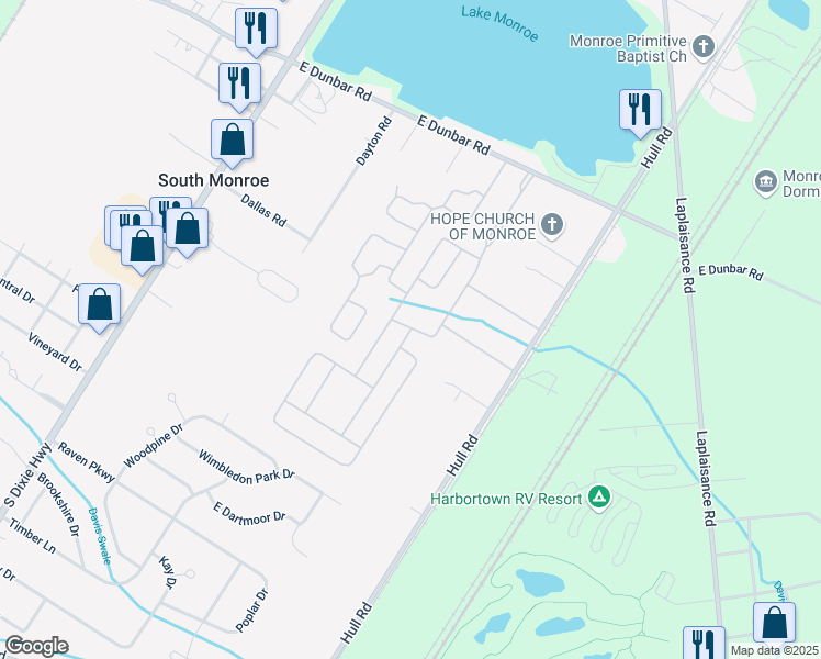 map of restaurants, bars, coffee shops, grocery stores, and more near 75 Briarwood Trail in Monroe