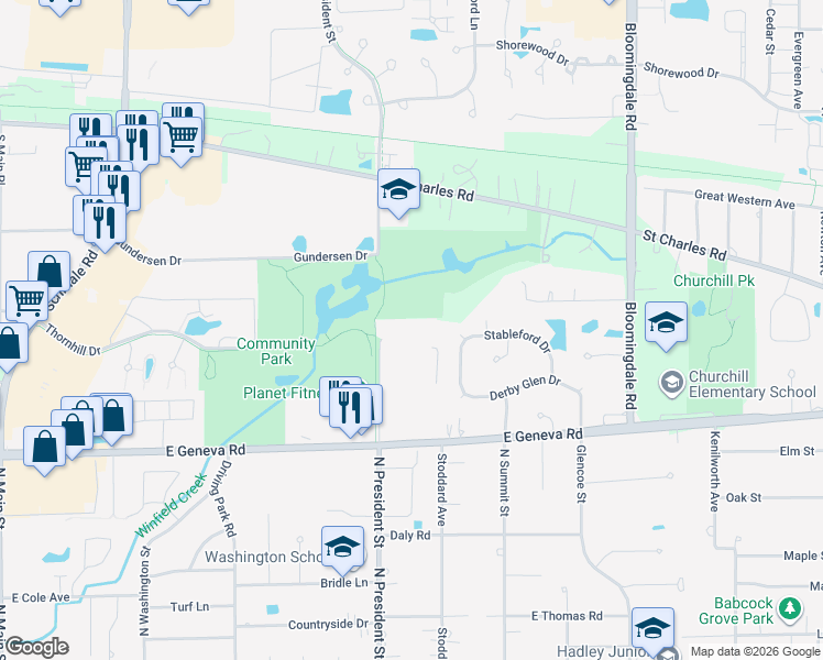 map of restaurants, bars, coffee shops, grocery stores, and more near 466 South President Street in Carol Stream