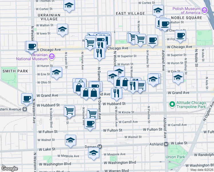 map of restaurants, bars, coffee shops, grocery stores, and more near 1932 West Race Avenue in Chicago