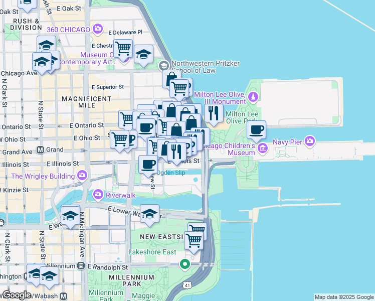 map of restaurants, bars, coffee shops, grocery stores, and more near 514 North Peshtigo Court in Chicago