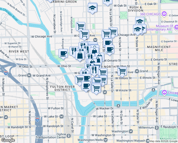 map of restaurants, bars, coffee shops, grocery stores, and more near 533 North Orleans Street in Chicago