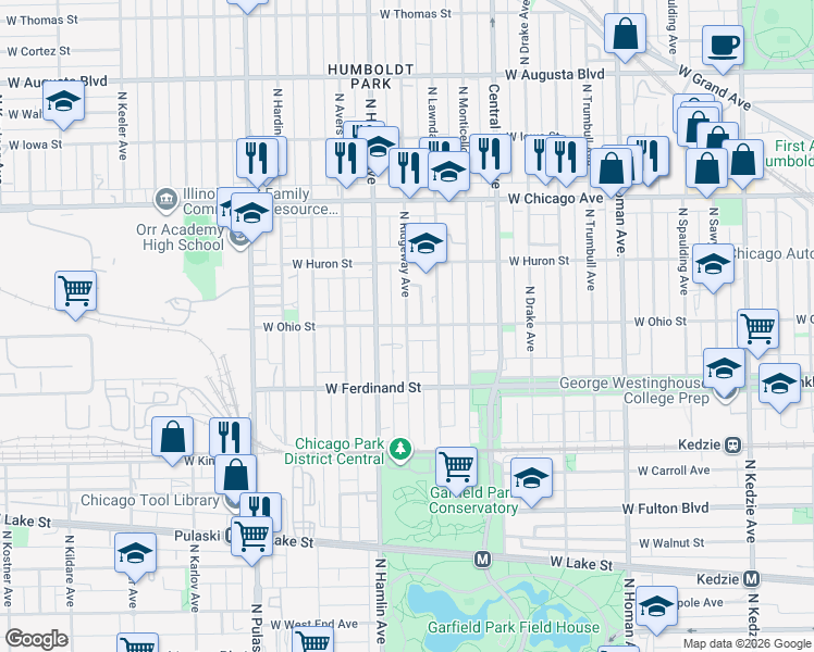 map of restaurants, bars, coffee shops, grocery stores, and more near W Ohio St & N Ridgeway Ave in Chicago
