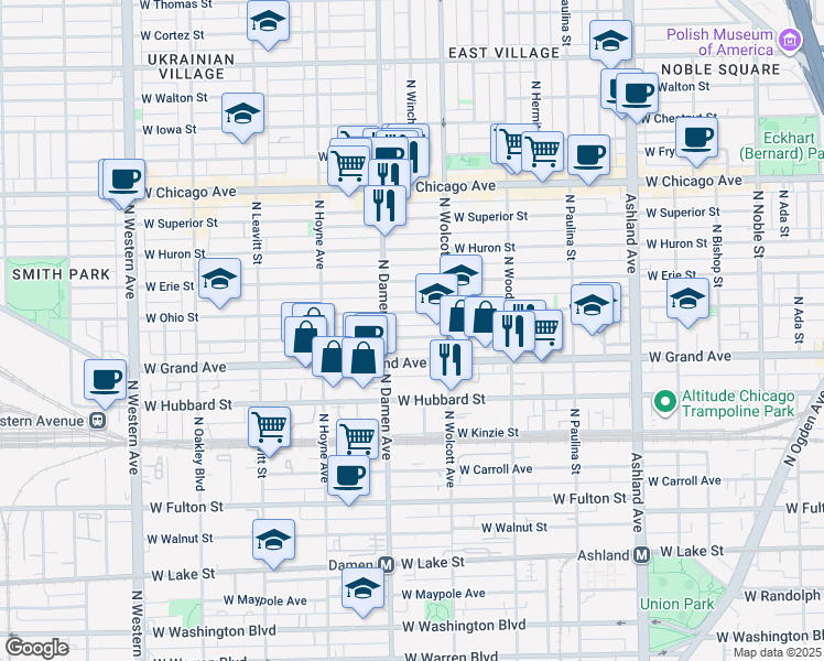 map of restaurants, bars, coffee shops, grocery stores, and more near 1934 West Race Avenue in Chicago