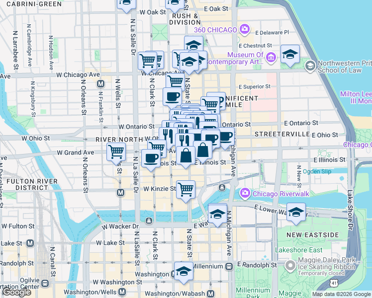 map of restaurants, bars, coffee shops, grocery stores, and more near 2 West Grand Avenue in Chicago