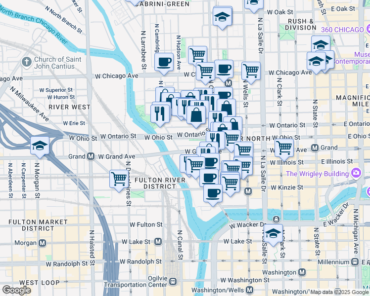 map of restaurants, bars, coffee shops, grocery stores, and more near 420 West Grand Avenue in Chicago