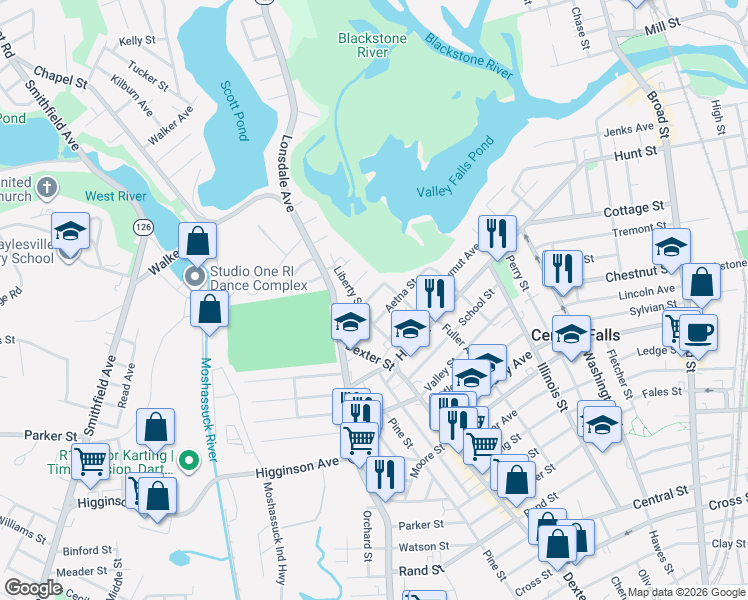 map of restaurants, bars, coffee shops, grocery stores, and more near 99 Liberty Street in Central Falls