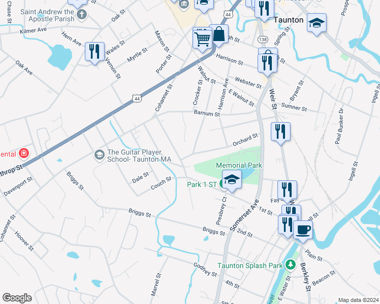 map of restaurants, bars, coffee shops, grocery stores, and more near 59 Orchard Street in Taunton