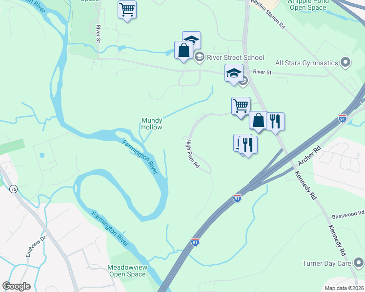 map of restaurants, bars, coffee shops, grocery stores, and more near 130 High Path Road in Windsor