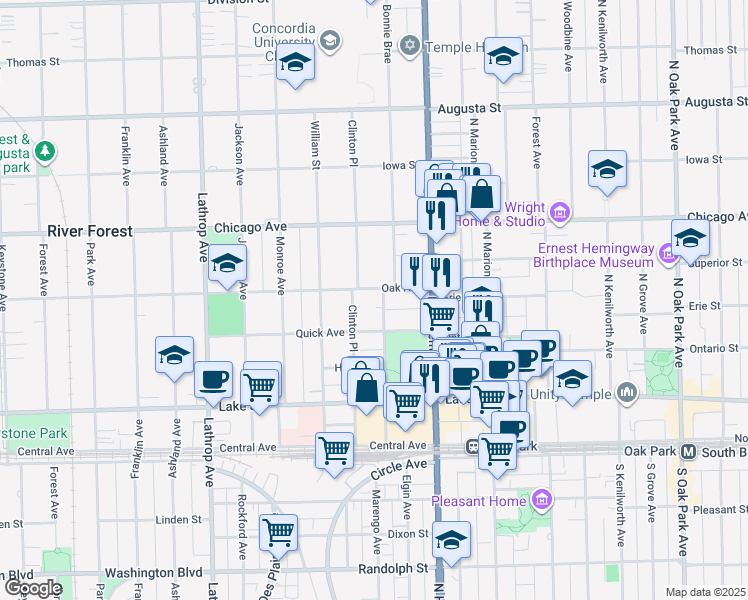 map of restaurants, bars, coffee shops, grocery stores, and more near 633 Bonnie Brae in River Forest