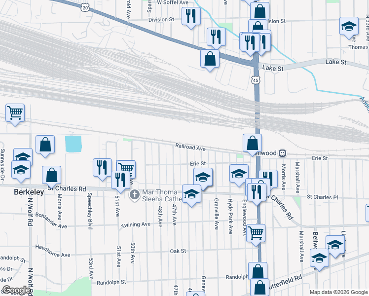 map of restaurants, bars, coffee shops, grocery stores, and more near 2 Railroad Avenue in Bellwood